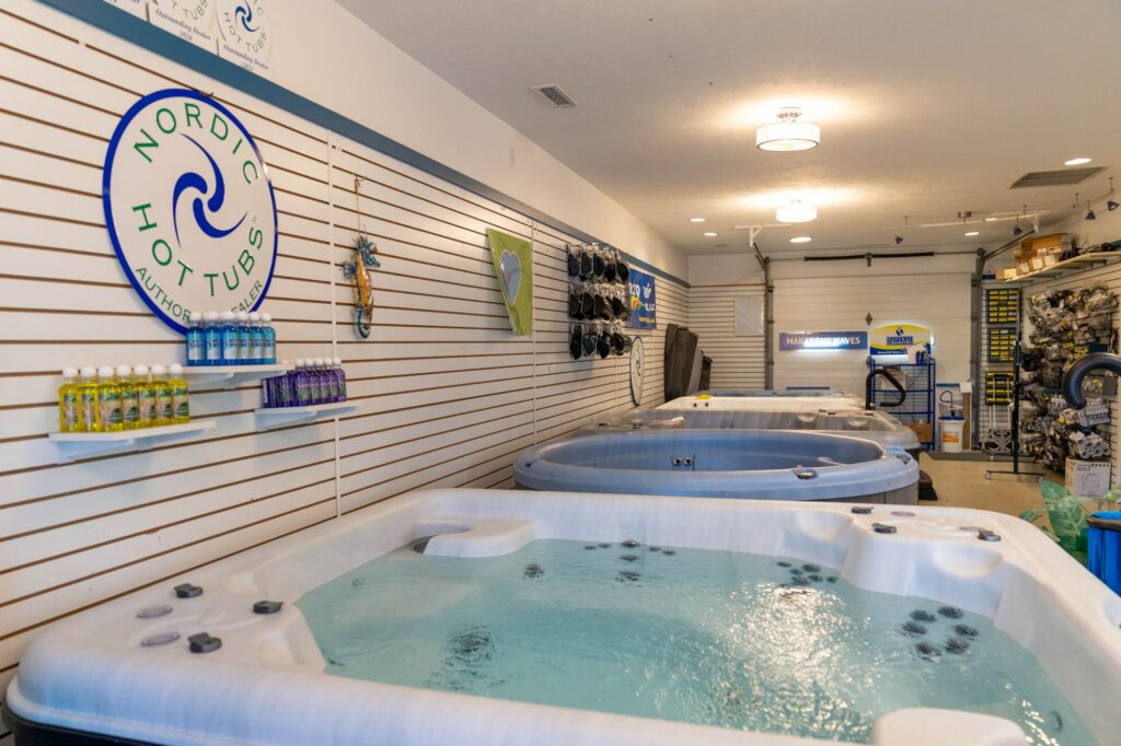 A hot tub inside Locey Swim & Spa's showroom.